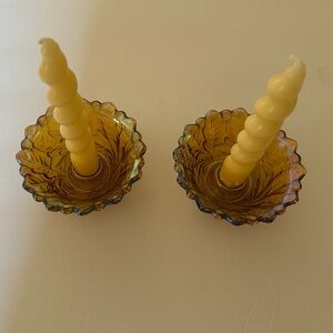Vintage Amber Carnival Glass Candle Holders with Spiral Candles